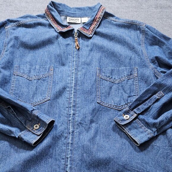 Chico's Design Shirt Womens 2 / L Denim Zip Embellished Embroidery LS Cotton VTG - Picture 10 of 16